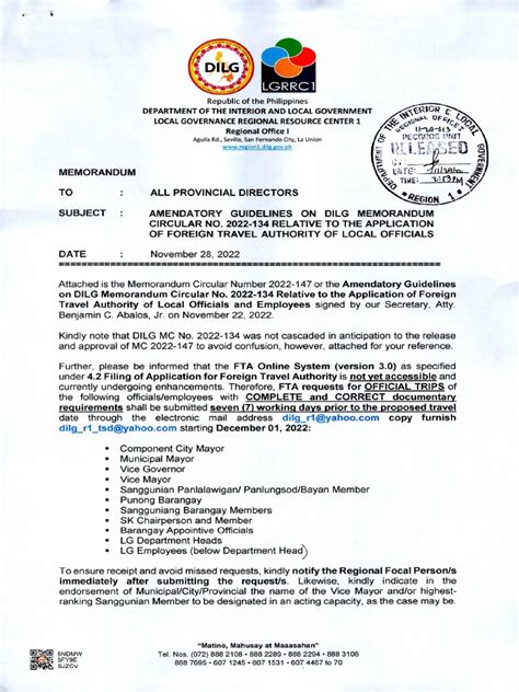 dilg mc 2022-134|DILG issues new guidelines for local execs' foreign travels.